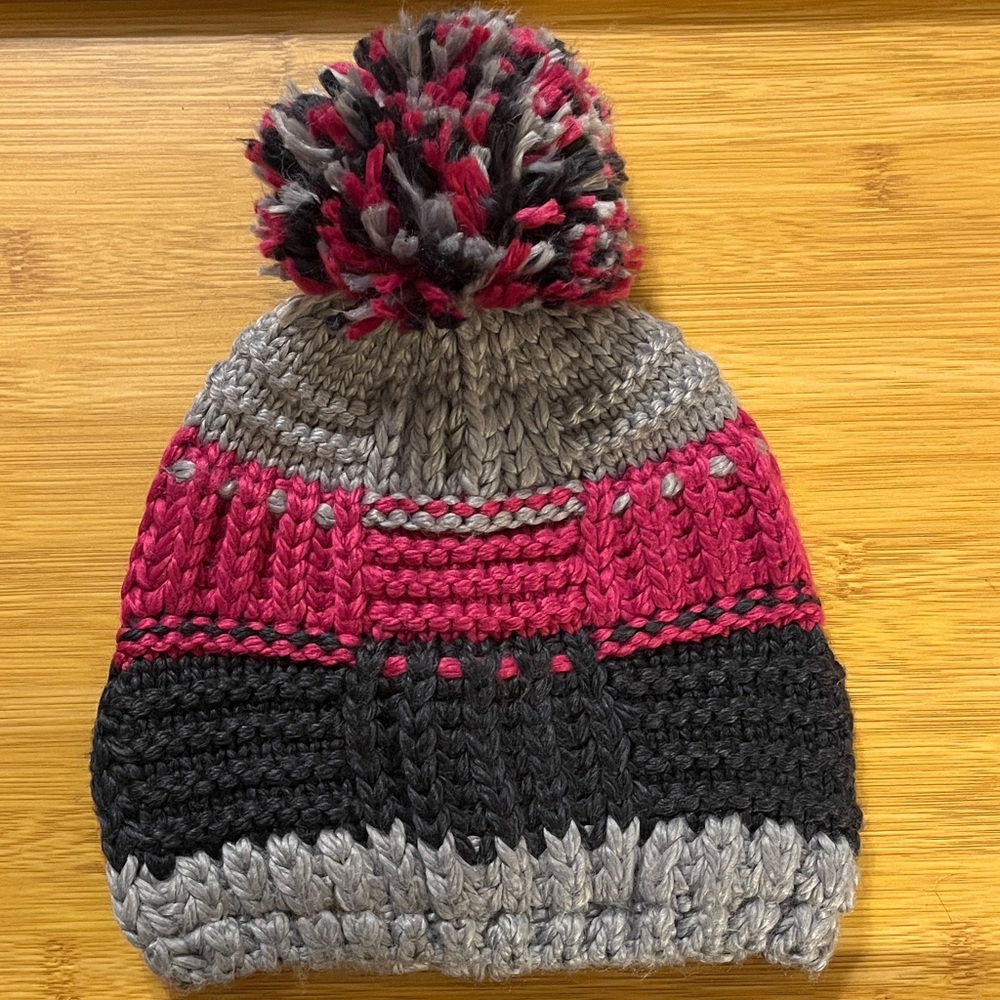 Cozy Knit Pom Beanie - Gray, Pink, and Black
